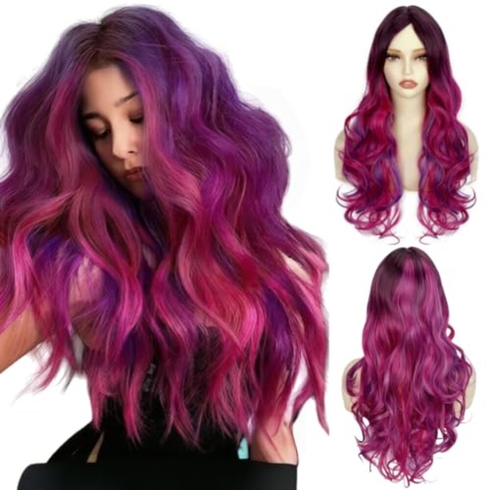 Colorful Wigs for Women Long Purple Wavy Wigs Rainbow Wigs Middle Part Wig for H